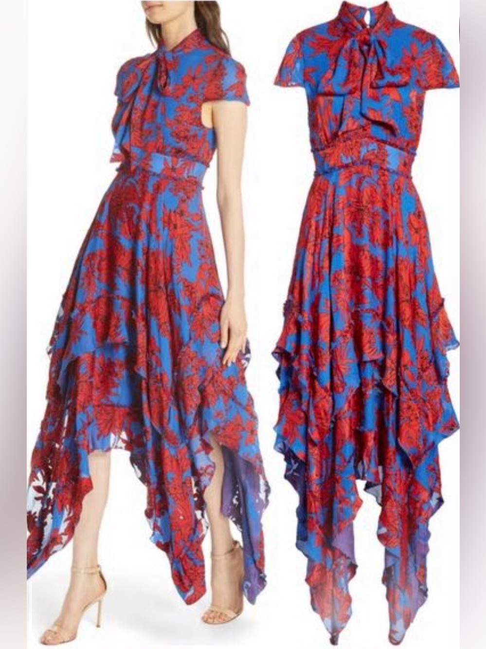 Alice & Olivia LLIA Tie Neck Tiered Flora Print Maxi Dress. Size M